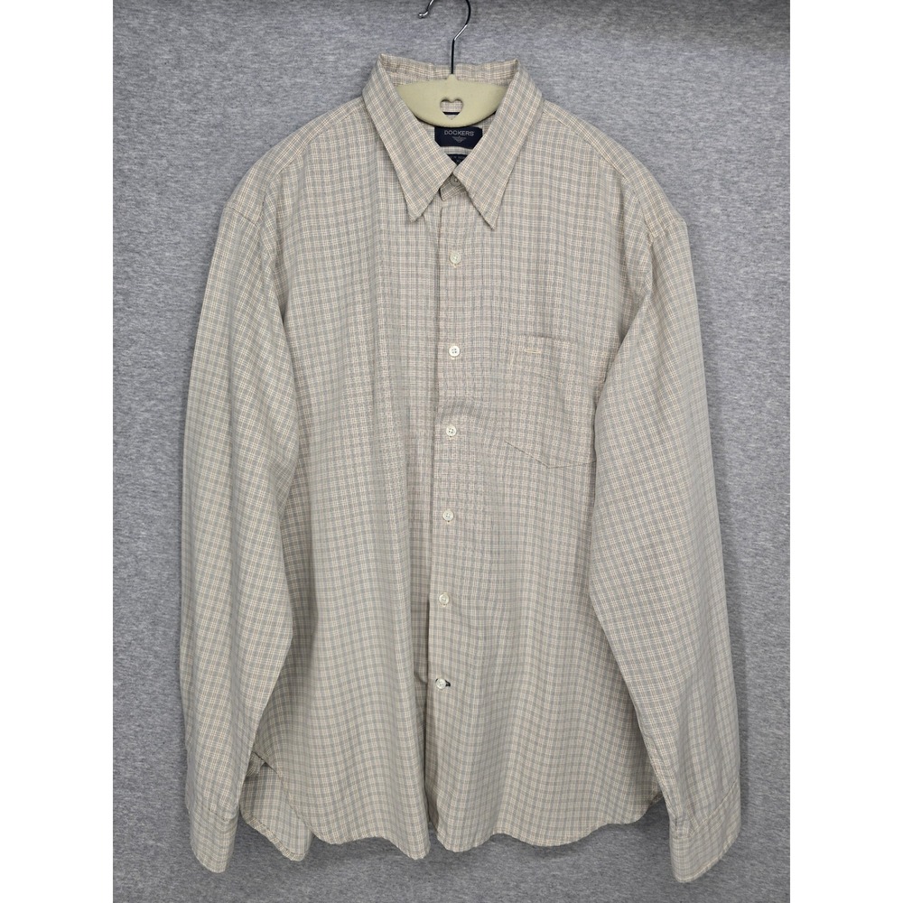 Dockers Mens XL Plaid Button Down Shirt Tan Blue Long Sleeve Rayon Blend